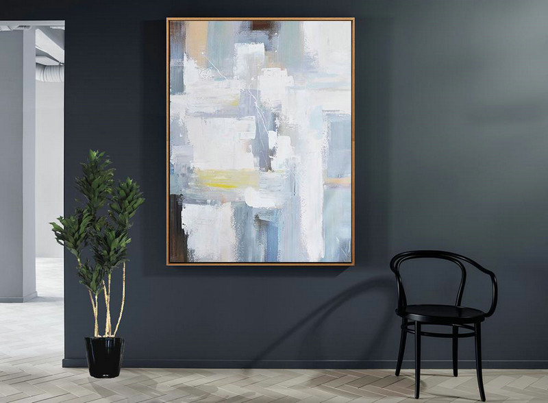 Handmade Large Painting,Vertical Palette Knife Contemporary Art,Large Canvas Wall Art For Sale,White,Grey,Brown,Yellow.etc